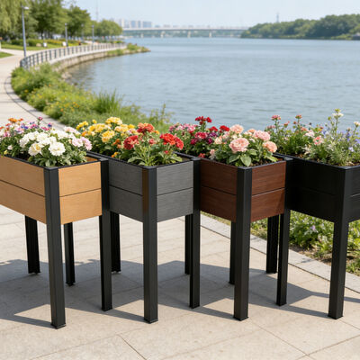 Jardinière surélevée moderne avec composite bois-plastique écologique, ignifuge et imperméable pour extérieur